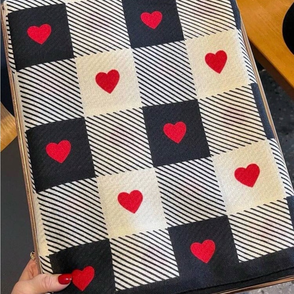 Checkered Black and White Scarf with Red Hearts